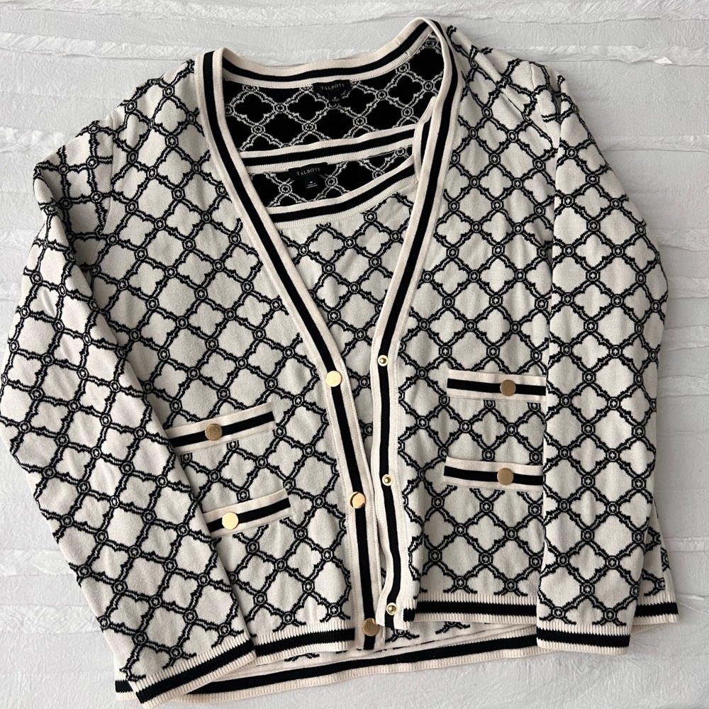 Talbots Black and Cream Patterned Cardigan